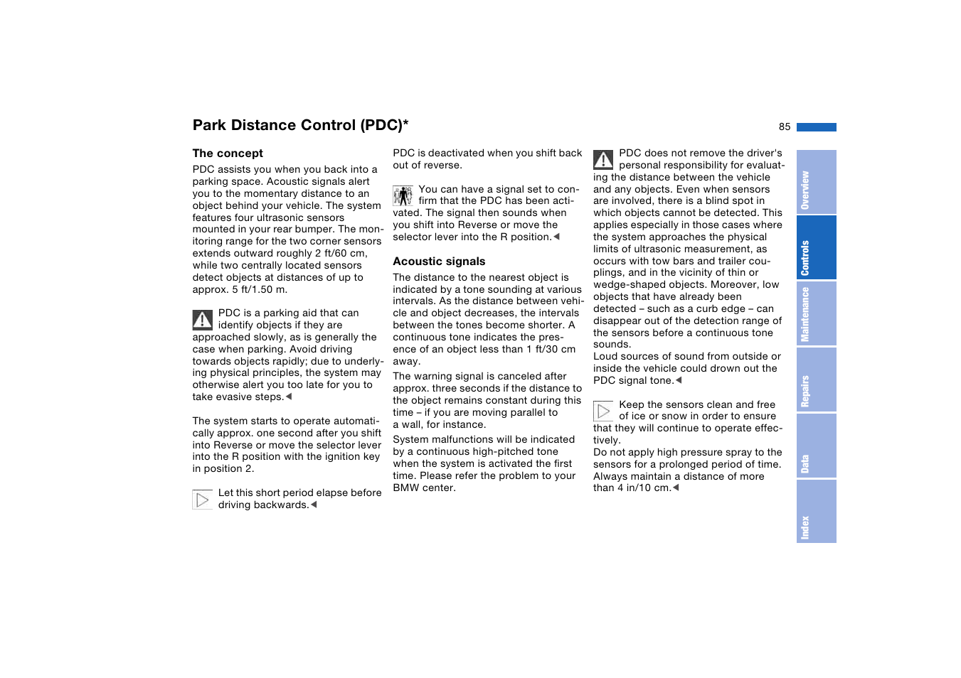 Technology for safety and driving convenience, Park distance control (pdc) | BMW 325iT Sports Wagon 2004 User Manual | Page 85 / 178