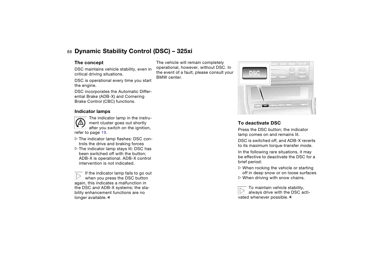 Dynamic stability control (dsc) – 325xi, Dynamic stability control (dsc), 325xi | BMW 325iT Sports Wagon 2004 User Manual | Page 88 / 178