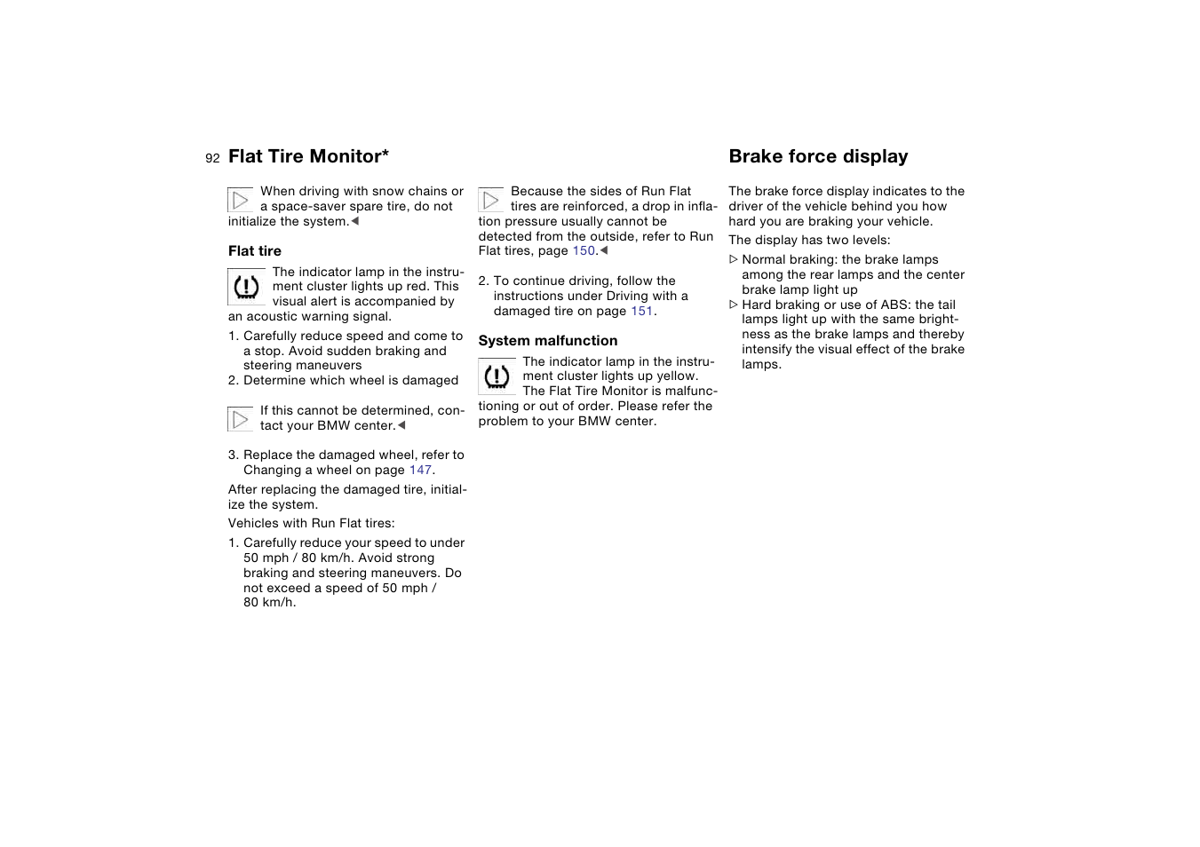 Brake force display, Flat tire monitor | BMW 325iT Sports Wagon 2004 User Manual | Page 92 / 178