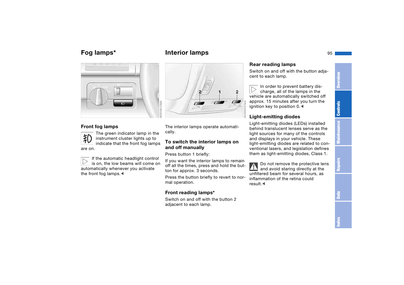 Fog lamps, Interior lamps | BMW 325iT Sports Wagon 2004 User Manual | Page 95 / 178