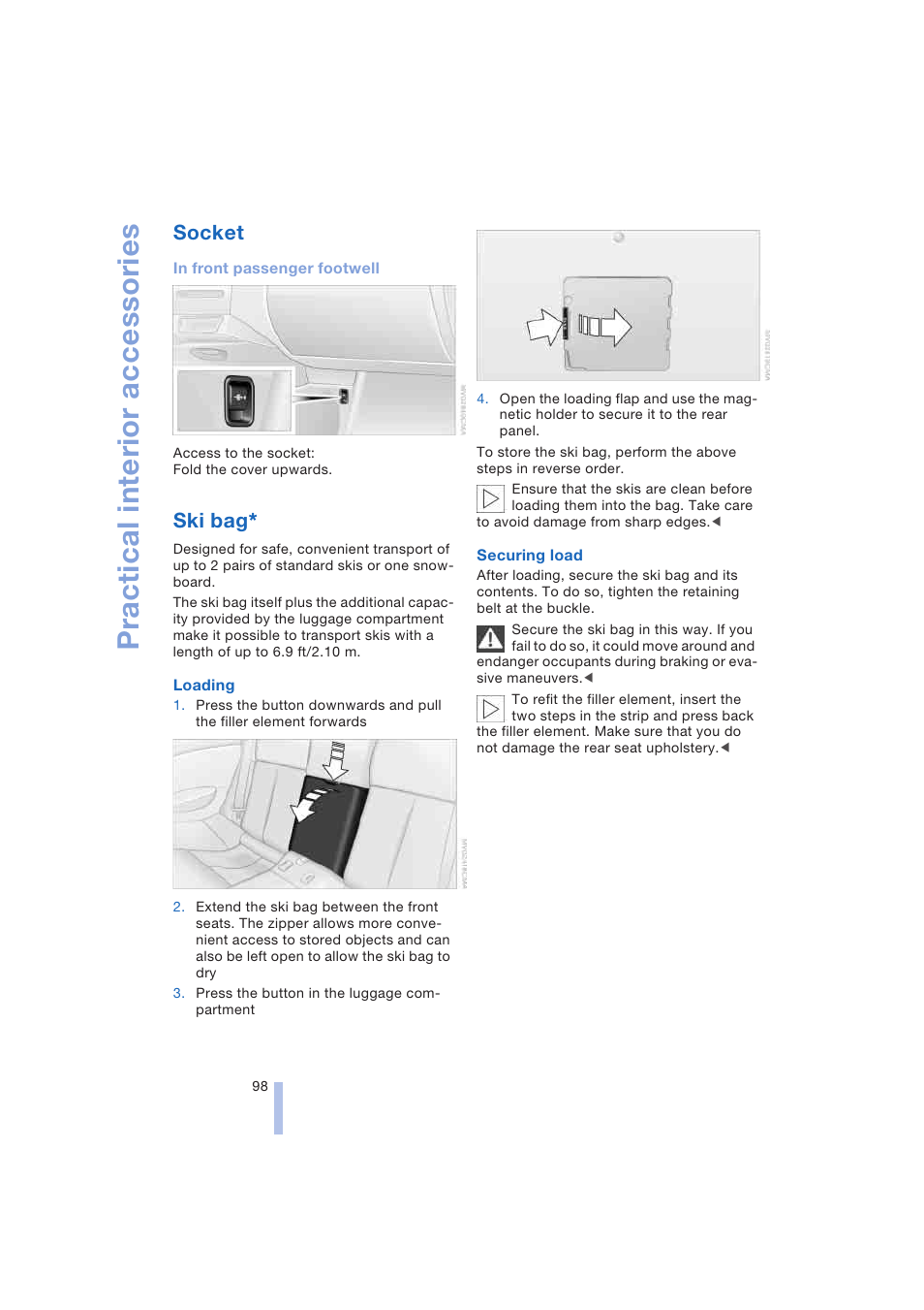 Socket, Ski bag, Practical interior accessories | BMW 645Ci Coupe 2004 User Manual | Page 100 / 216