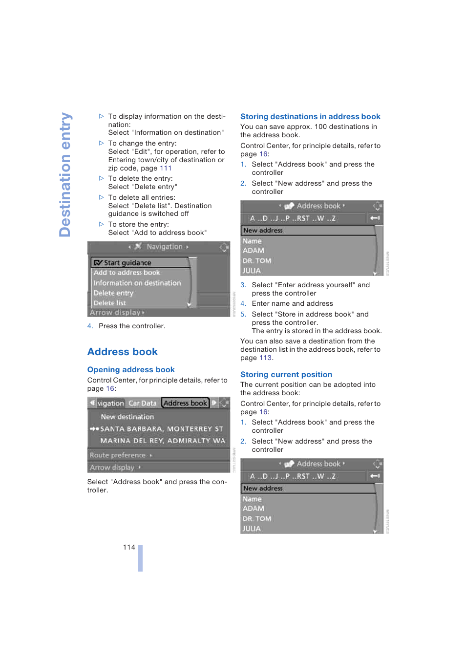 Address book, Destination entry | BMW 645Ci Coupe 2004 User Manual | Page 116 / 216