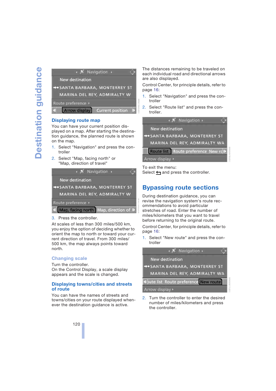 Bypassing route sections, Destination guidance | BMW 645Ci Coupe 2004 User Manual | Page 122 / 216