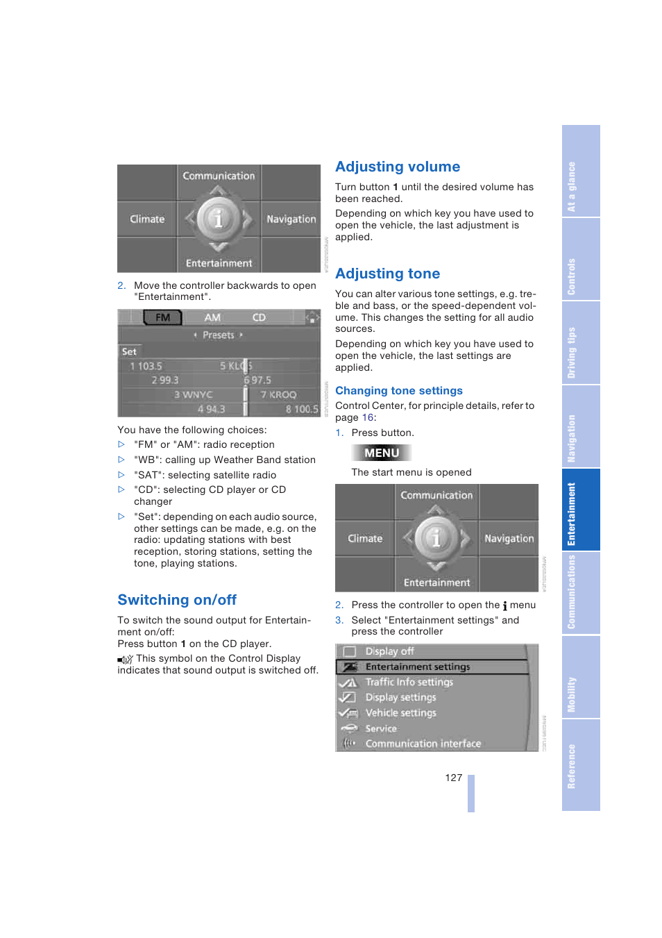 Switching on/off, Adjusting volume, Adjusting tone | BMW 645Ci Coupe 2004 User Manual | Page 129 / 216