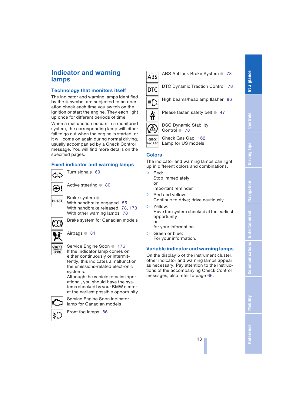 Indicator and warning lamps, Indicator lamps for turn signals | BMW 645Ci Coupe 2004 User Manual | Page 15 / 216