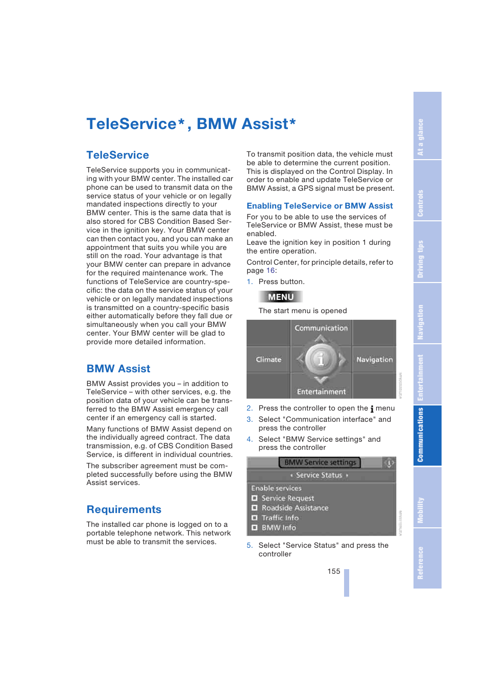 Teleservice, bmw assist, Teleservice, Bmw assist | Requirements, Teleservice , bmw assist | BMW 645Ci Coupe 2004 User Manual | Page 157 / 216