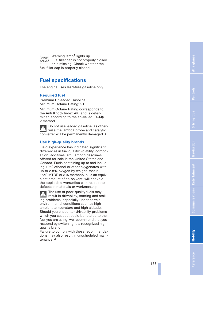 Fuel specifications | BMW 645Ci Coupe 2004 User Manual | Page 165 / 216