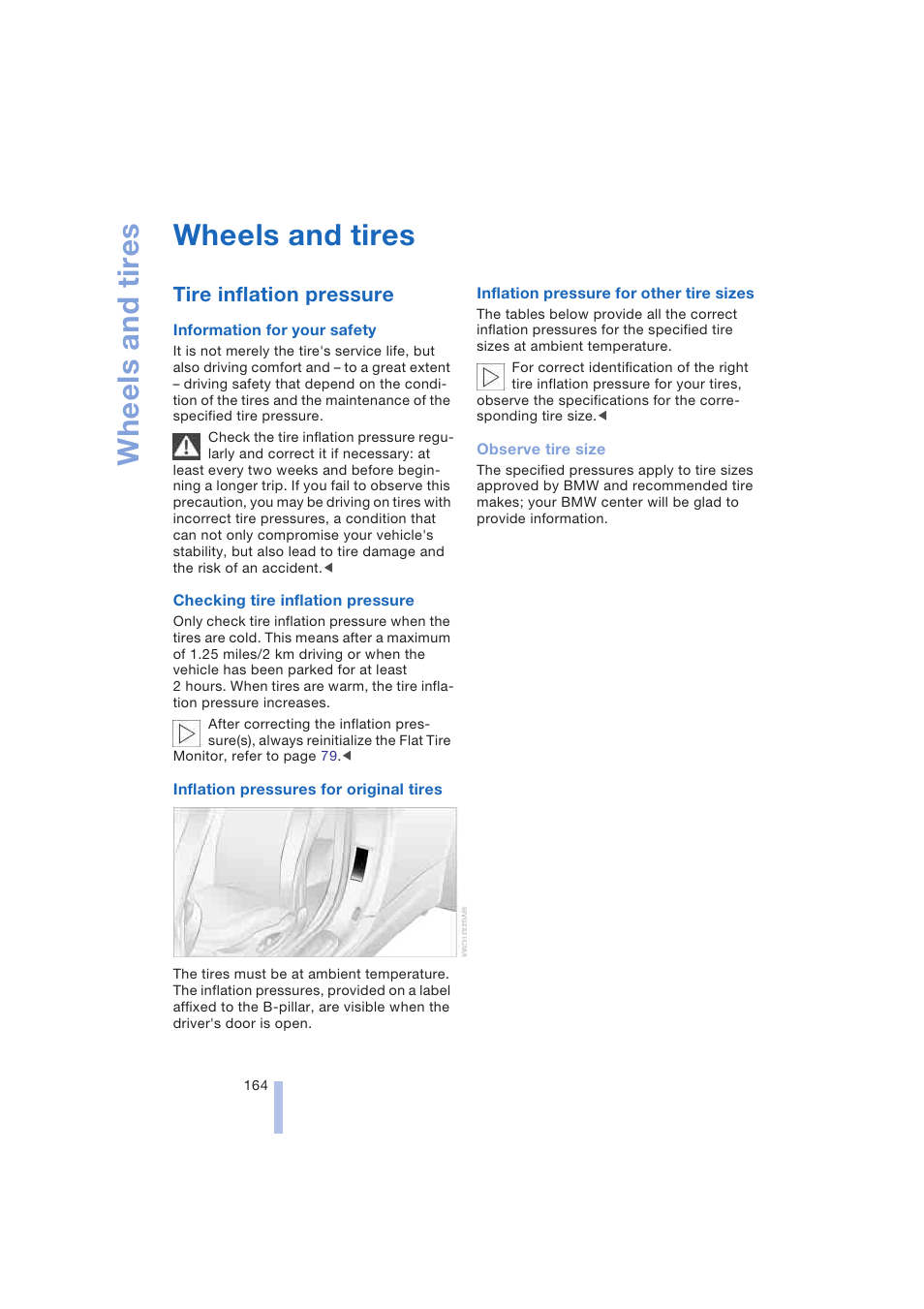 Wheels and tires, Tire inflation pressure | BMW 645Ci Coupe 2004 User Manual | Page 166 / 216