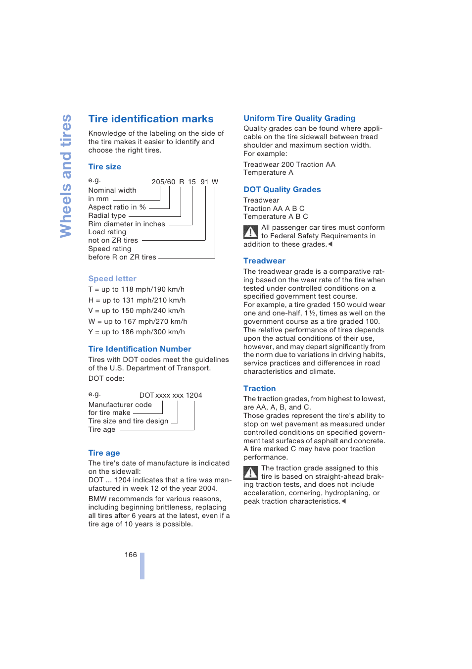 Tire identification marks, Wheels and tires | BMW 645Ci Coupe 2004 User Manual | Page 168 / 216