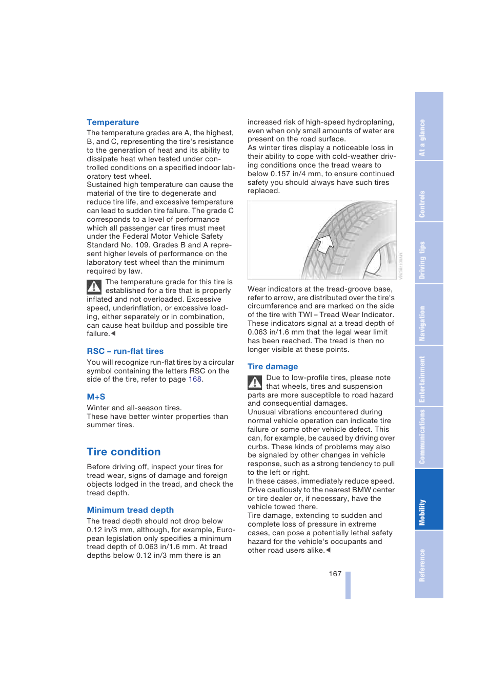 Tire condition | BMW 645Ci Coupe 2004 User Manual | Page 169 / 216