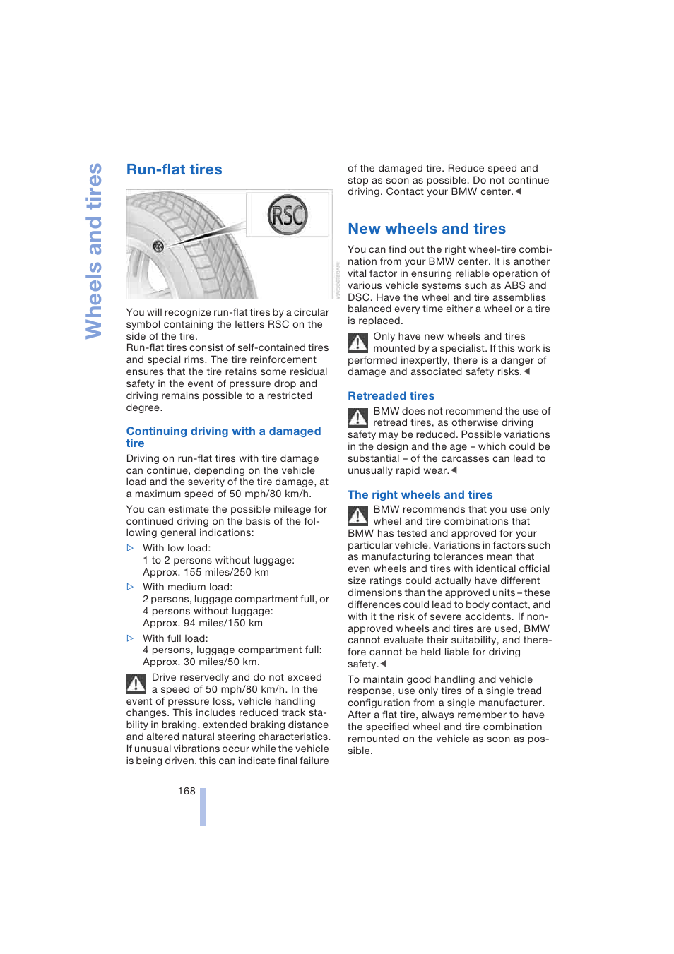 Run-flat tires, New wheels and tires, Wheels and tires | BMW 645Ci Coupe 2004 User Manual | Page 170 / 216