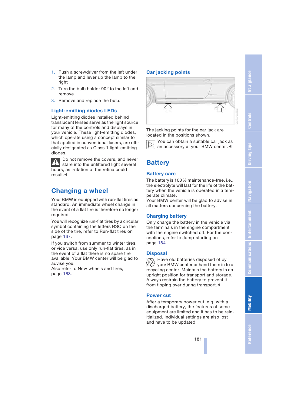 Changing a wheel, Battery | BMW 645Ci Coupe 2004 User Manual | Page 183 / 216