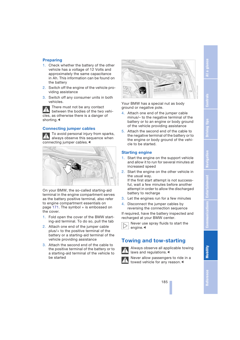 Towing and tow-starting, Jump-starting | BMW 645Ci Coupe 2004 User Manual | Page 187 / 216