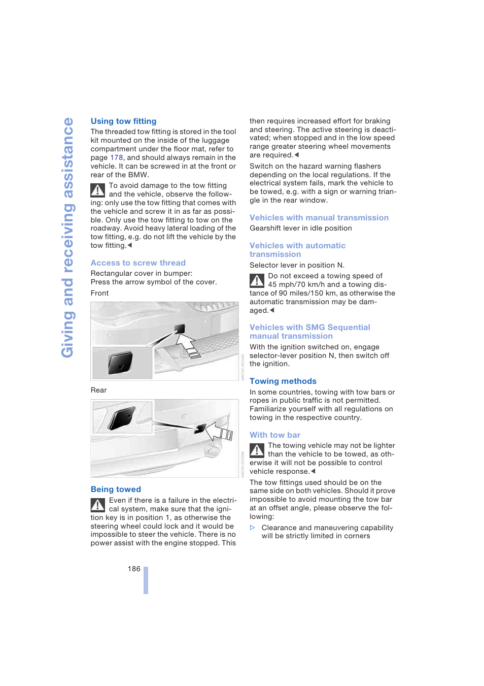 Giving and receiving assistance | BMW 645Ci Coupe 2004 User Manual | Page 188 / 216