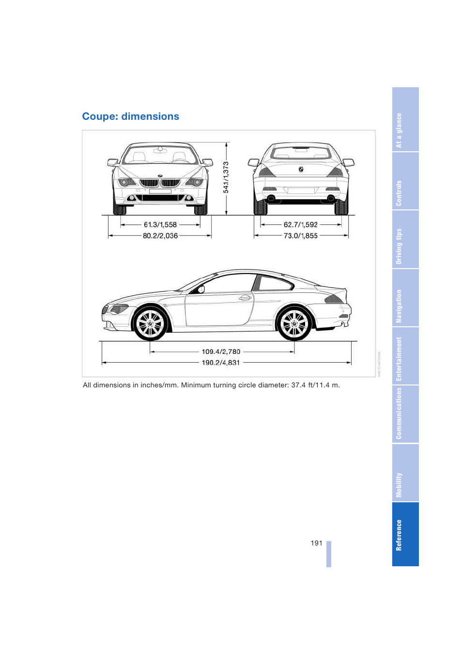 Coupe: dimensions | BMW 645Ci Coupe 2004 User Manual | Page 193 / 216