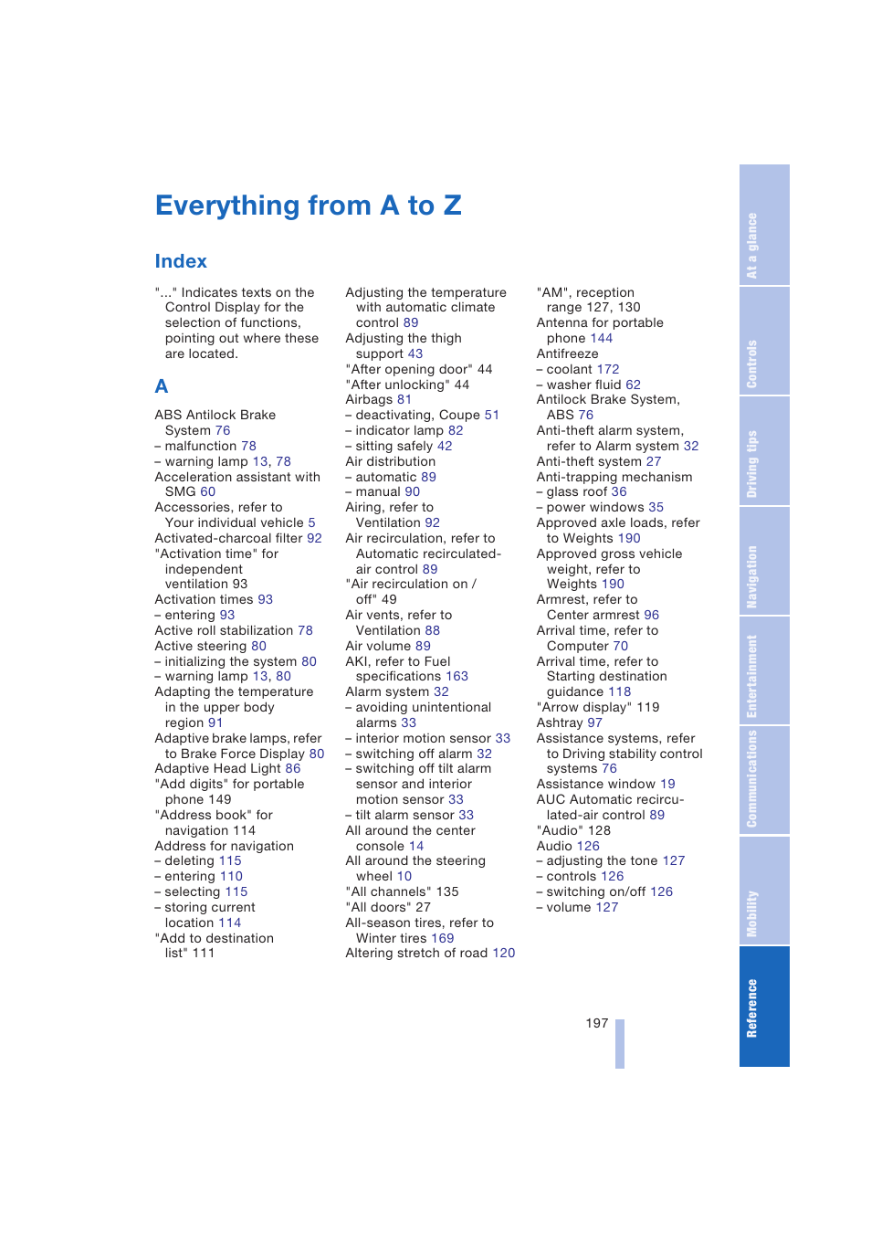 Everything from a to z, Index | BMW 645Ci Coupe 2004 User Manual | Page 199 / 216