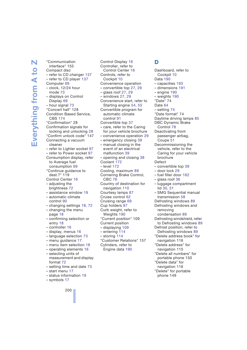 Everything from a to z | BMW 645Ci Coupe 2004 User Manual | Page 202 / 216