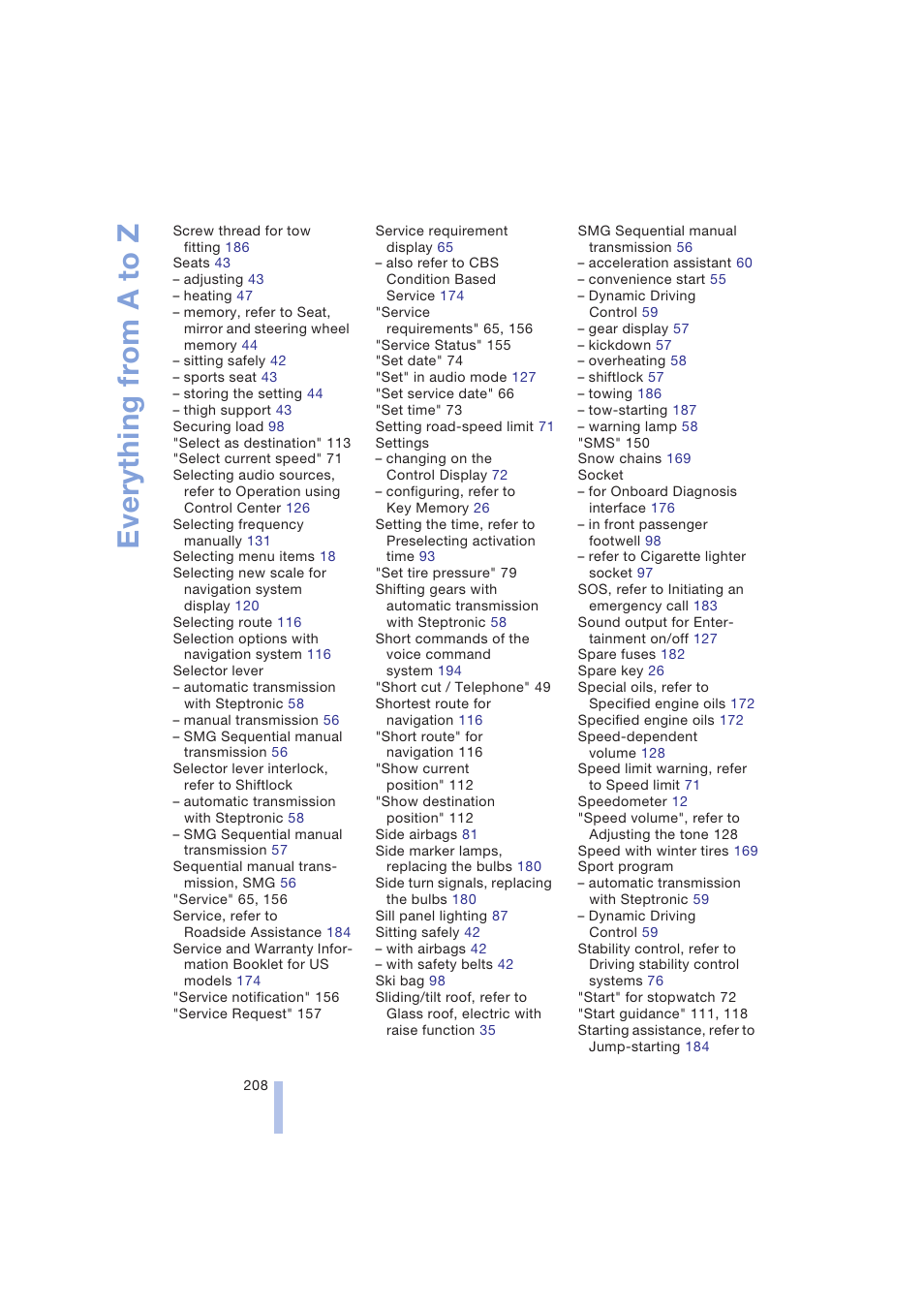 Everything from a to z | BMW 645Ci Coupe 2004 User Manual | Page 210 / 216