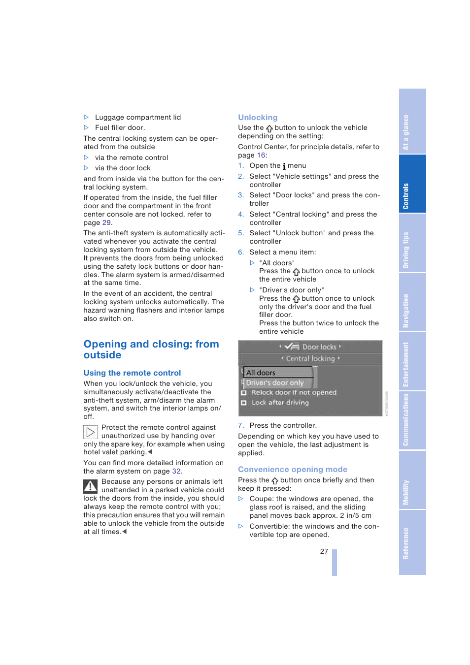 Opening and closing: from outside | BMW 645Ci Coupe 2004 User Manual | Page 29 / 216