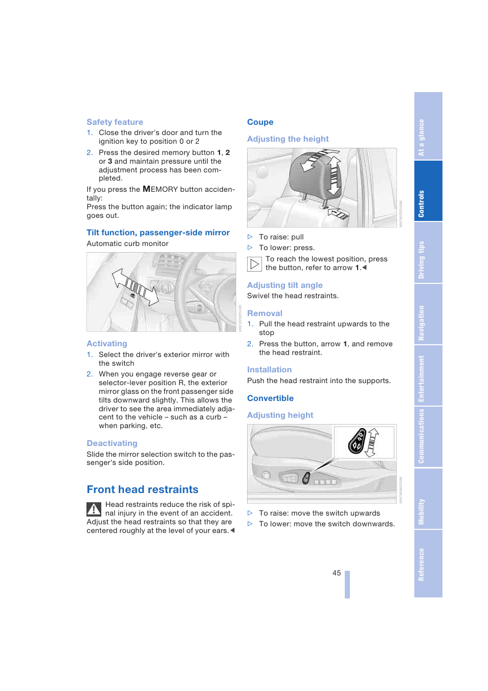 Front head restraints | BMW 645Ci Coupe 2004 User Manual | Page 47 / 216