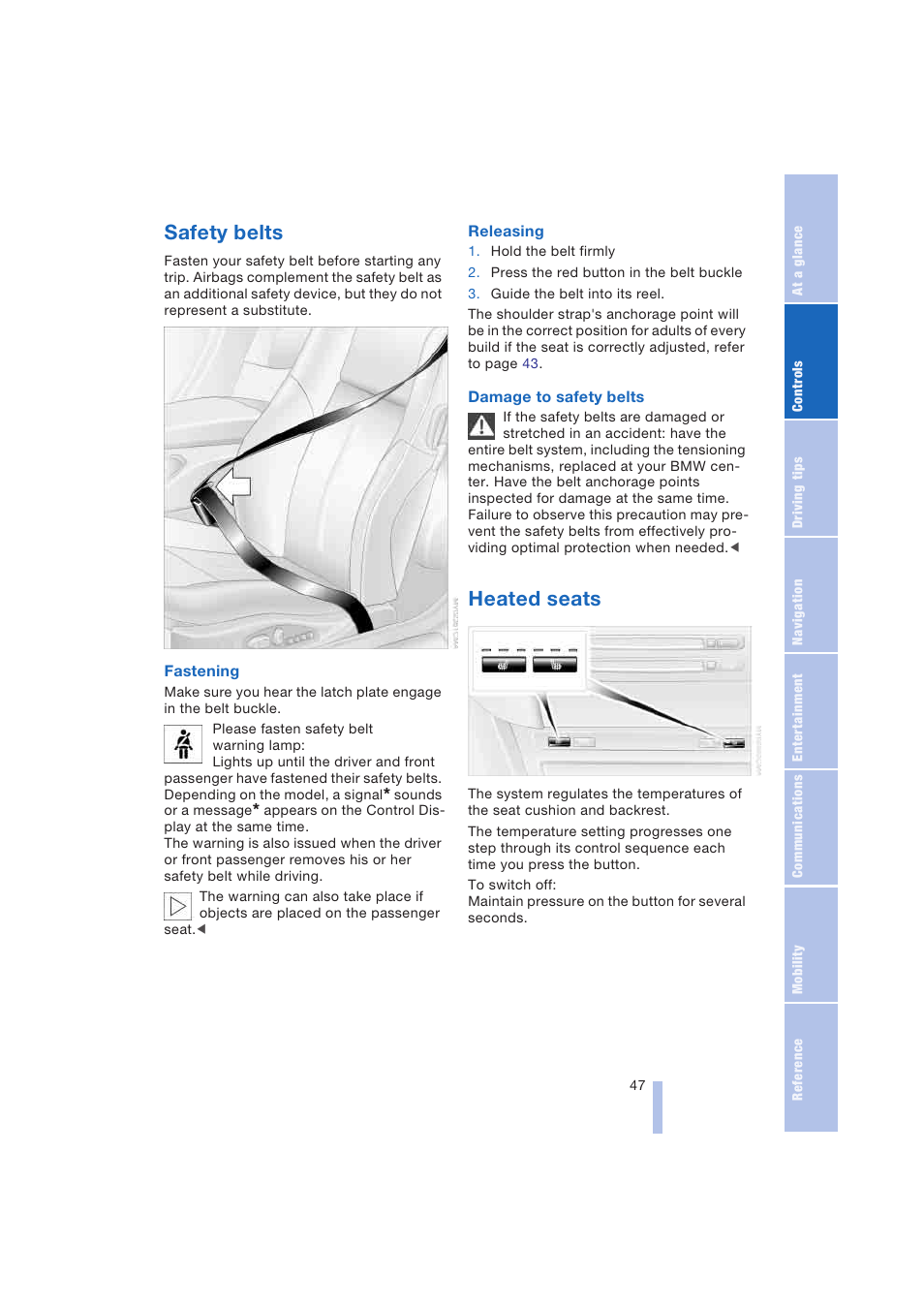 Safety belts, Heated seats | BMW 645Ci Coupe 2004 User Manual | Page 49 / 216