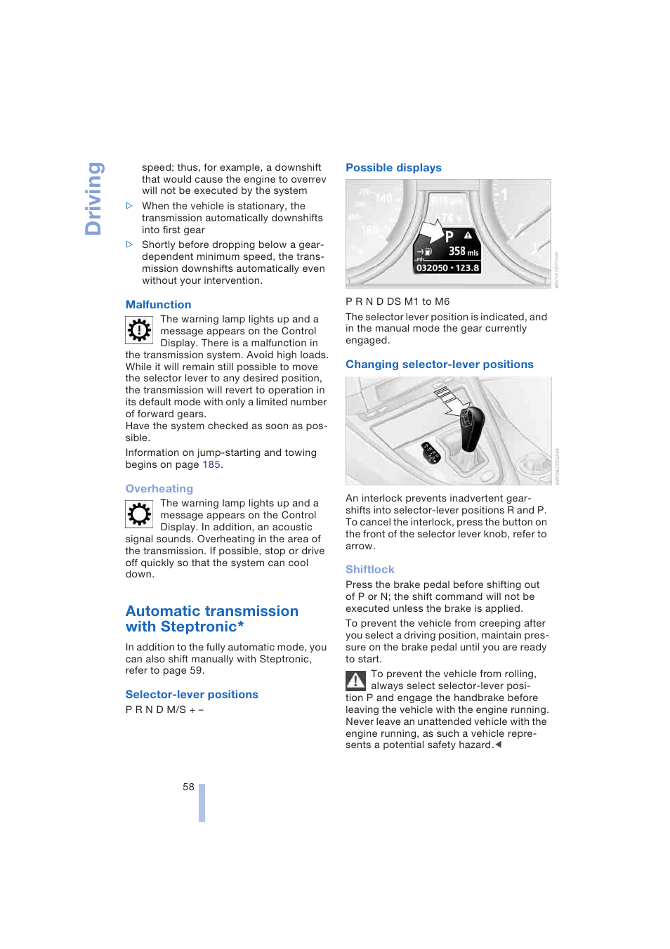 Automatic transmission with steptronic, Driving | BMW 645Ci Coupe 2004 User Manual | Page 60 / 216