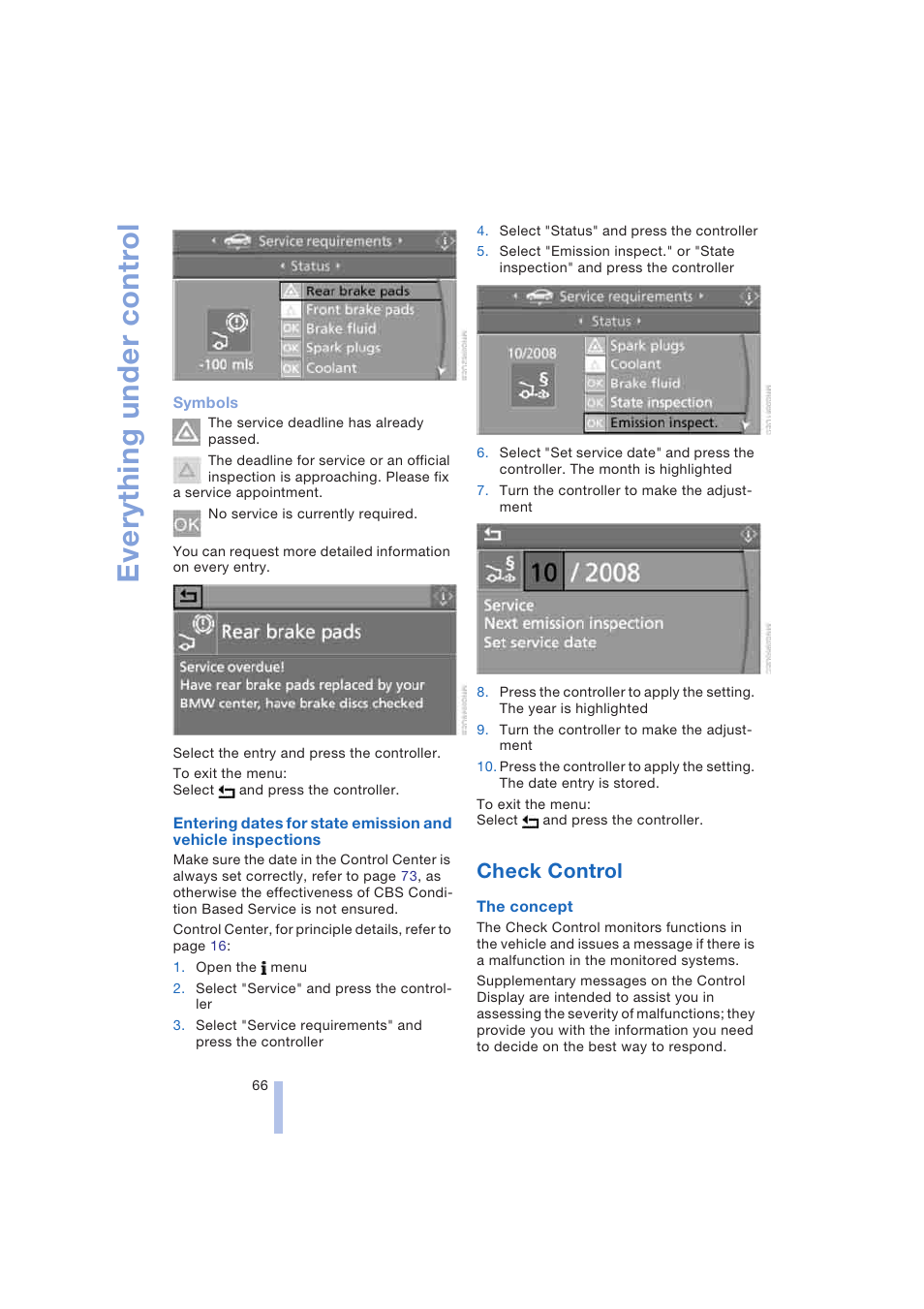 Check control, Everything under control | BMW 645Ci Coupe 2004 User Manual | Page 68 / 216