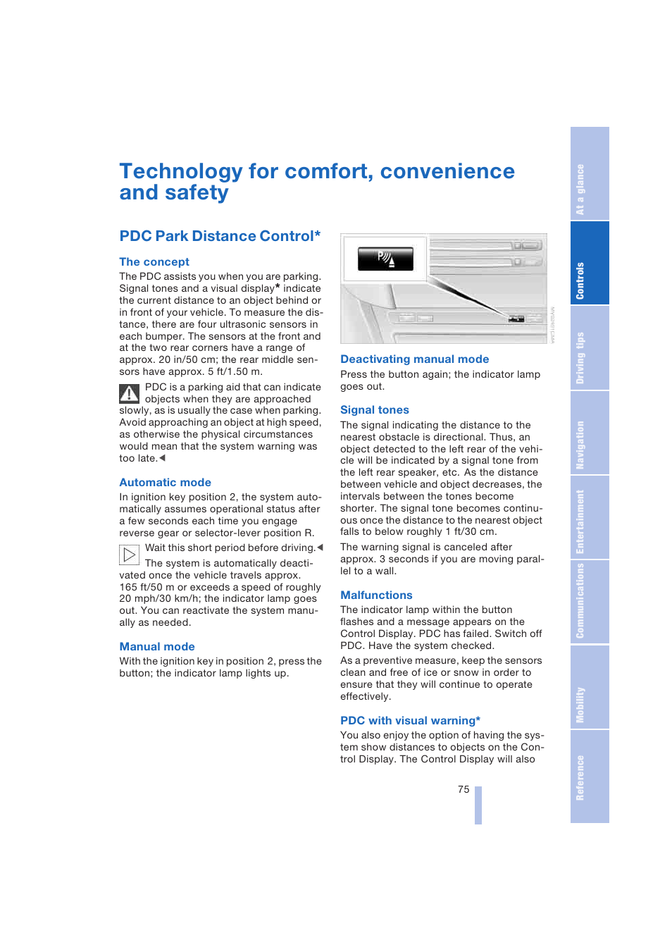 Technology for comfort, convenience and safety, Pdc park distance control | BMW 645Ci Coupe 2004 User Manual | Page 77 / 216