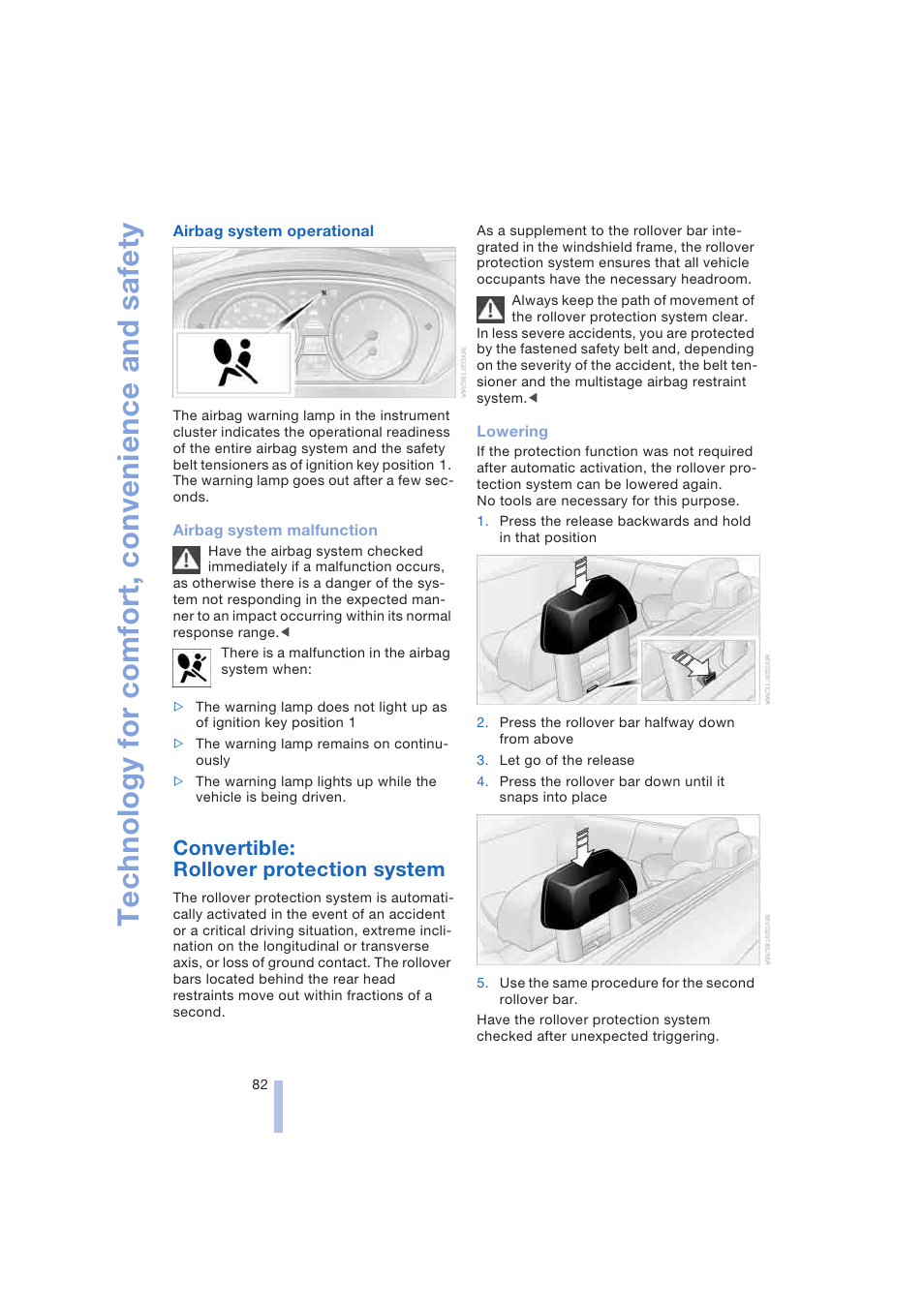 Convertible: rollover protection system, Technology for comfort, convenience and safety | BMW 645Ci Coupe 2004 User Manual | Page 84 / 216