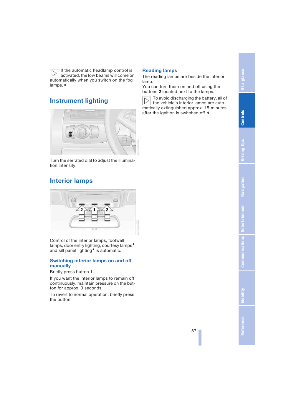 Instrument lighting, Interior lamps | BMW 645Ci Coupe 2004 User Manual | Page 89 / 216