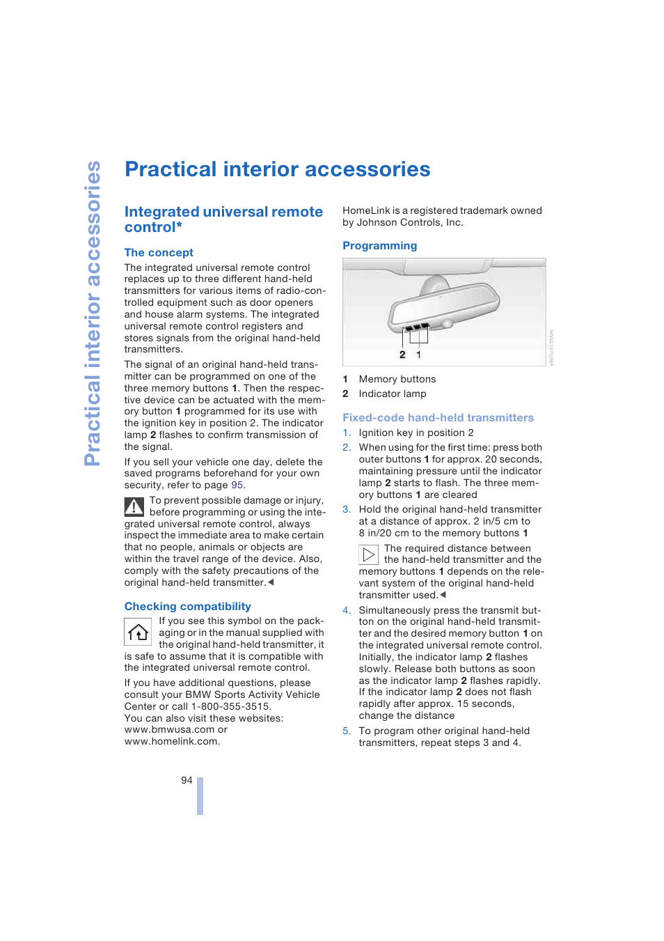 Practical interior accessories, Integrated universal remote control | BMW 645Ci Coupe 2004 User Manual | Page 96 / 216