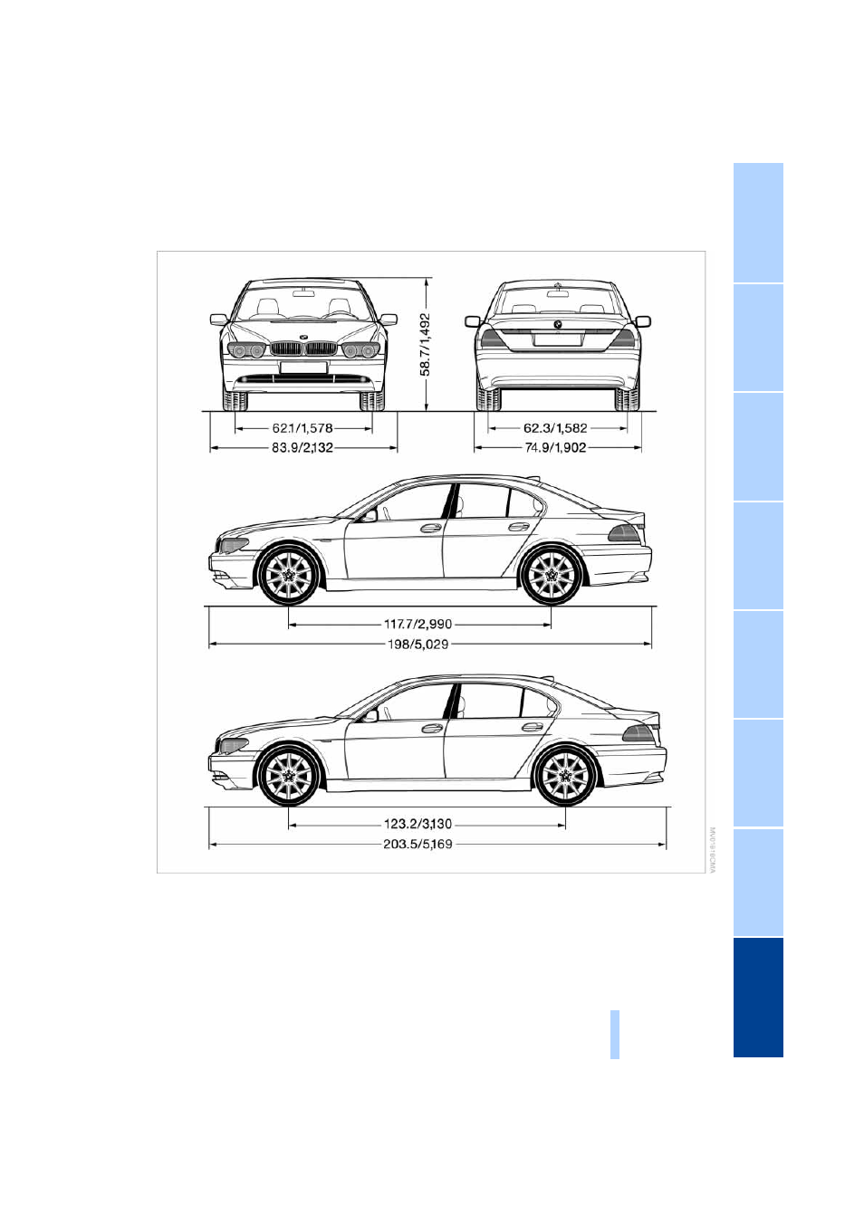 Dimensions | BMW 745i Sedan 2004 User Manual | Page 215 / 232