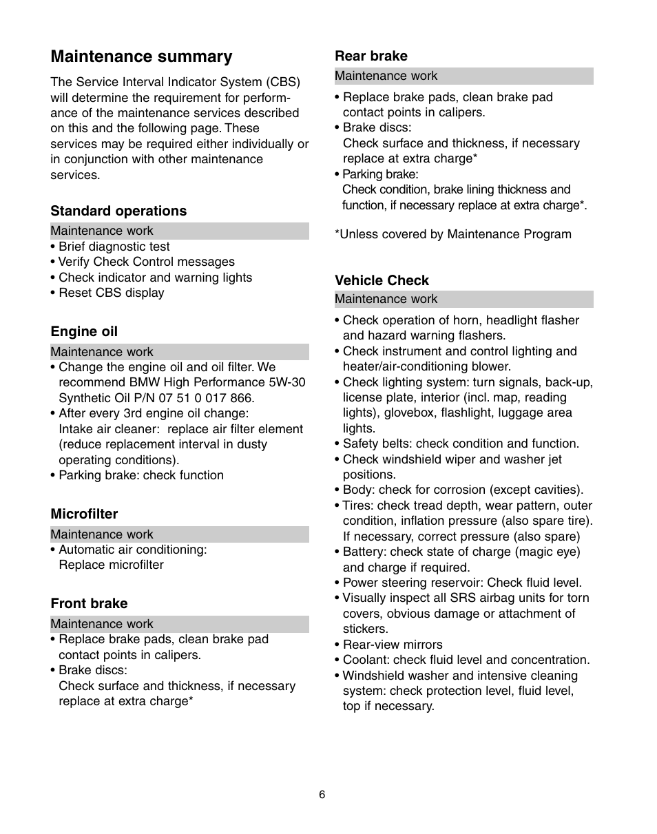 Maintenance summary | BMW 760Li Sedan 2004 User Manual | Page 10 / 47