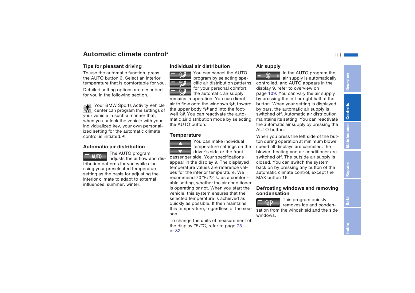 Automatic climate control | BMW X5 4.8is SAV 2004 User Manual | Page 113 / 200