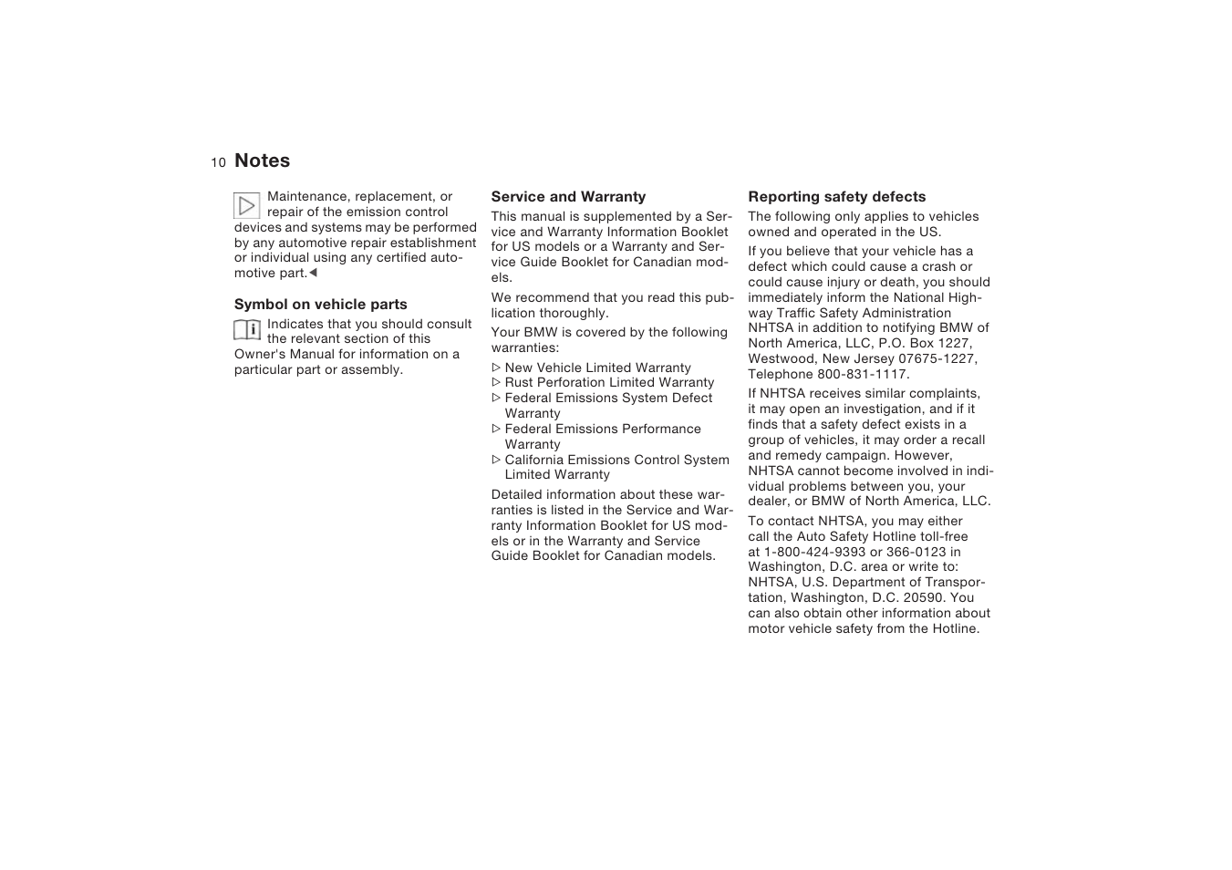 Symbol on vehicle parts, Service and warranty, Reporting safety defects | BMW X5 4.8is SAV 2004 User Manual | Page 12 / 200