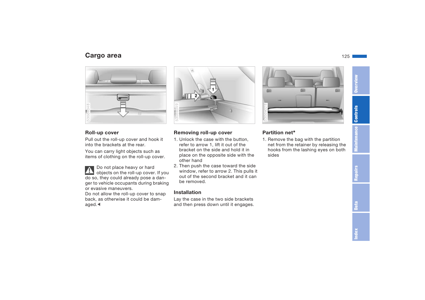 Roll-up cover, Cargo area | BMW X5 4.8is SAV 2004 User Manual | Page 127 / 200