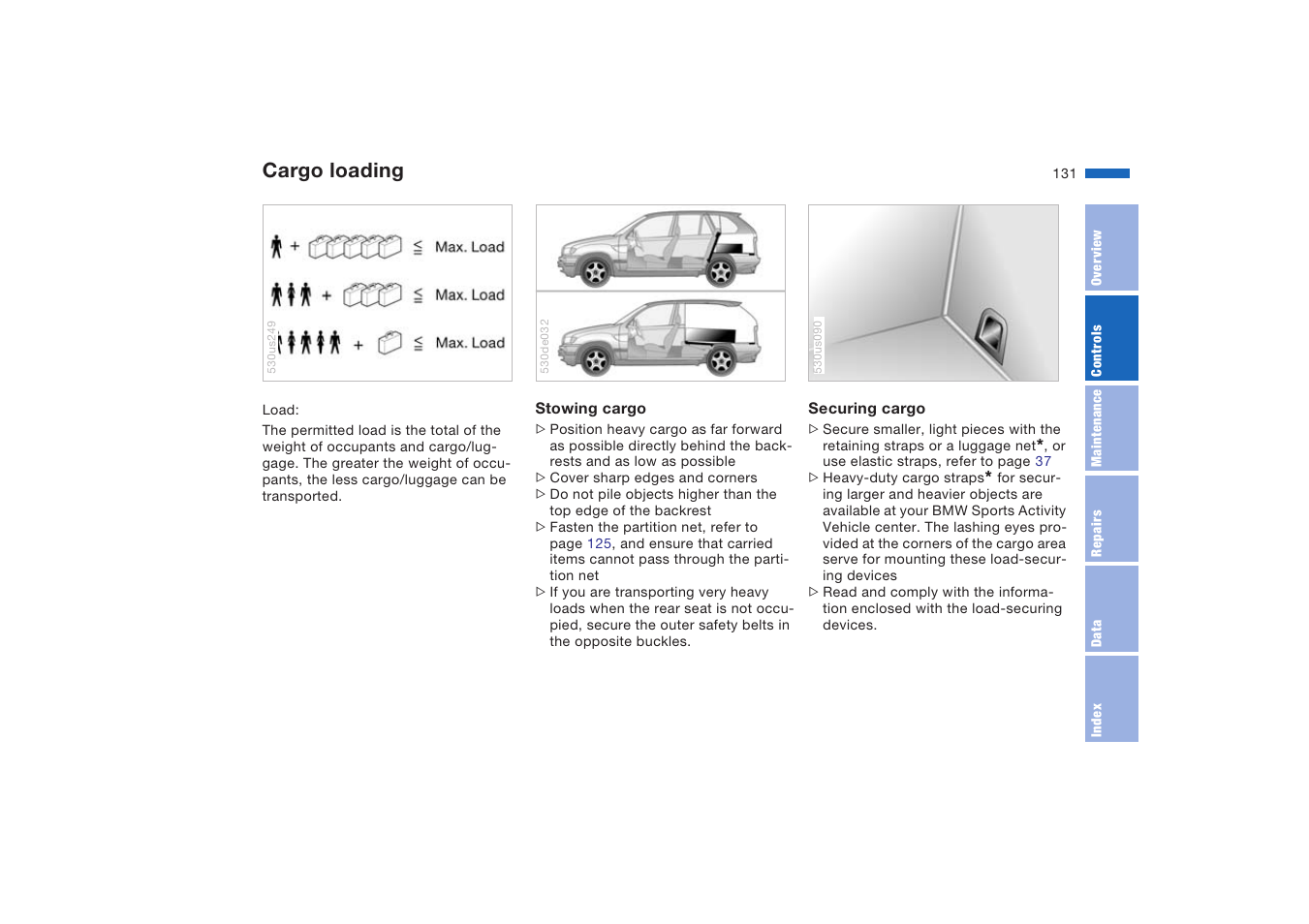 Cargo loading | BMW X5 4.8is SAV 2004 User Manual | Page 133 / 200