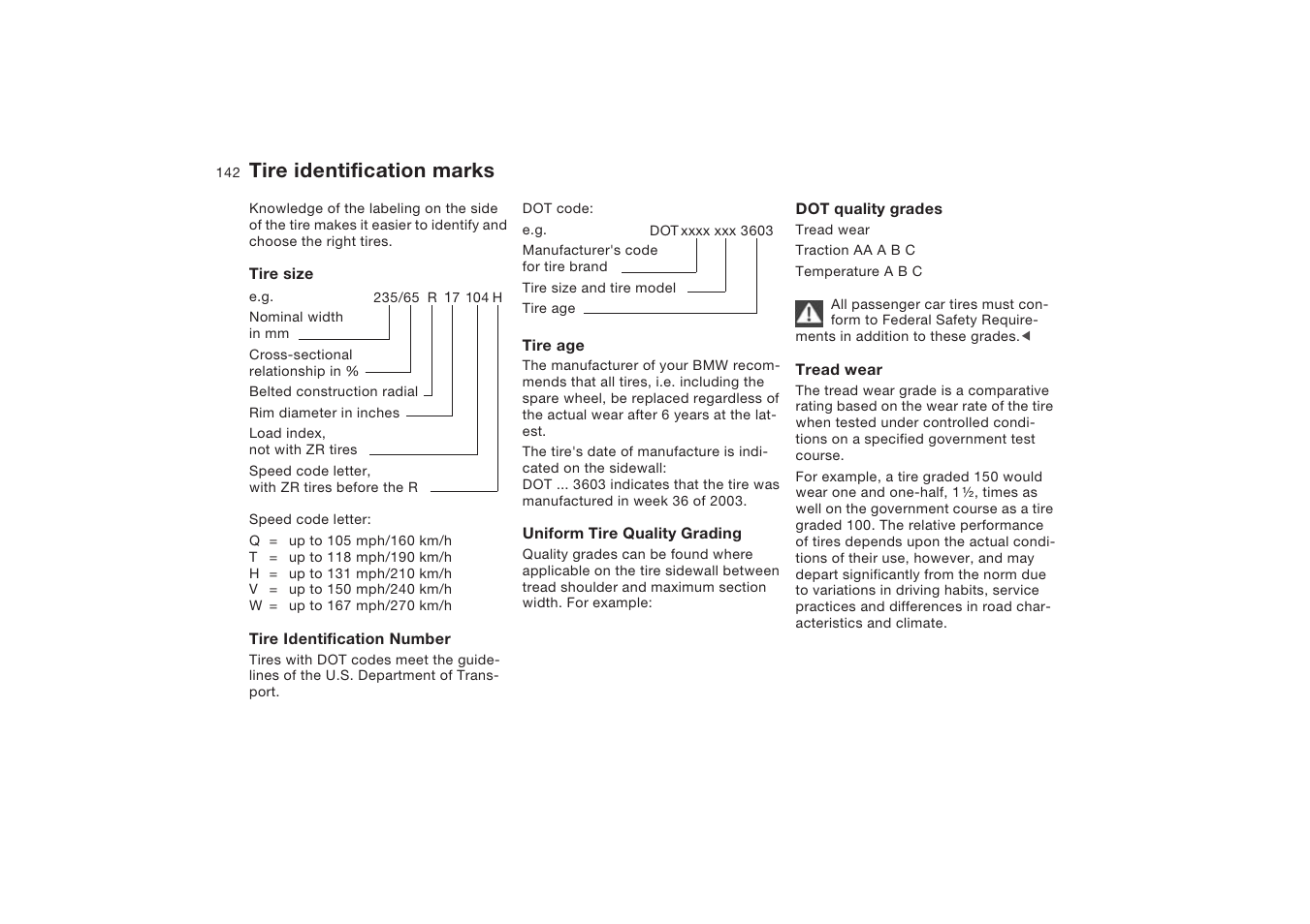 Tire identification marks | BMW X5 4.8is SAV 2004 User Manual | Page 144 / 200