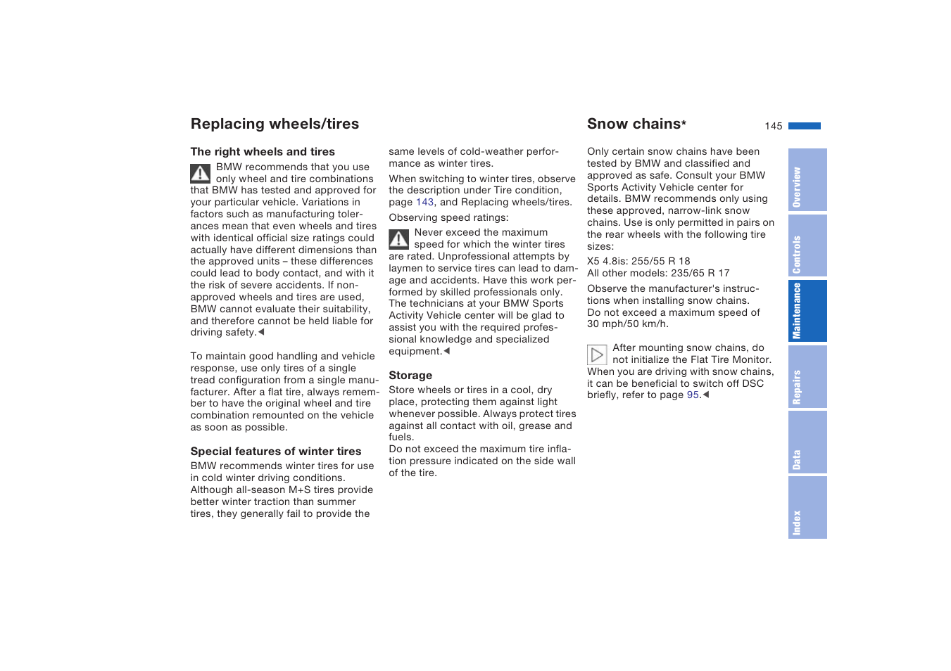 Snow chains, Replacing wheels/tires snow chains | BMW X5 4.8is SAV 2004 User Manual | Page 147 / 200