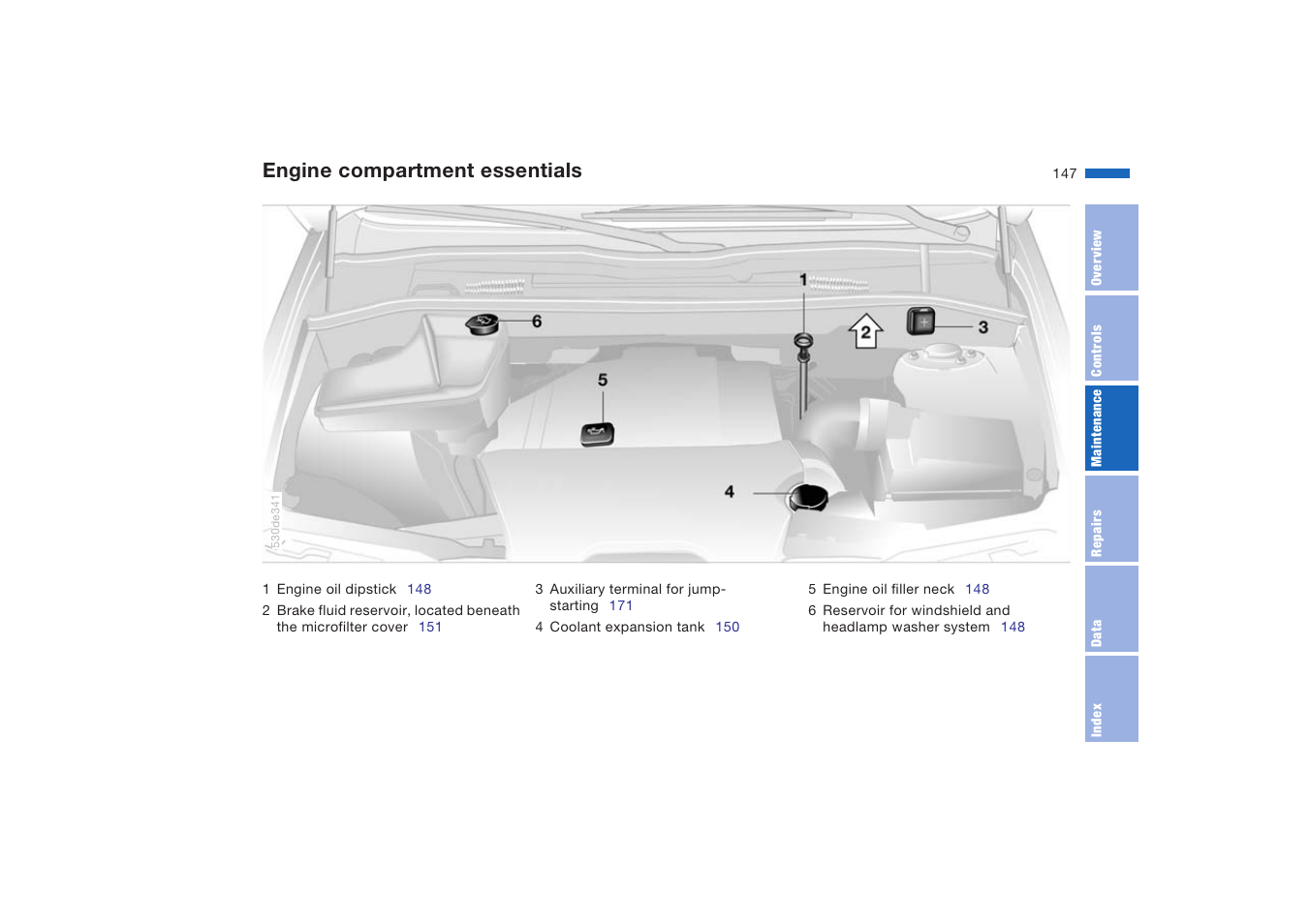 Engine compartment essentials, Engine compartment, Essentials | BMW X5 4.8is SAV 2004 User Manual | Page 149 / 200