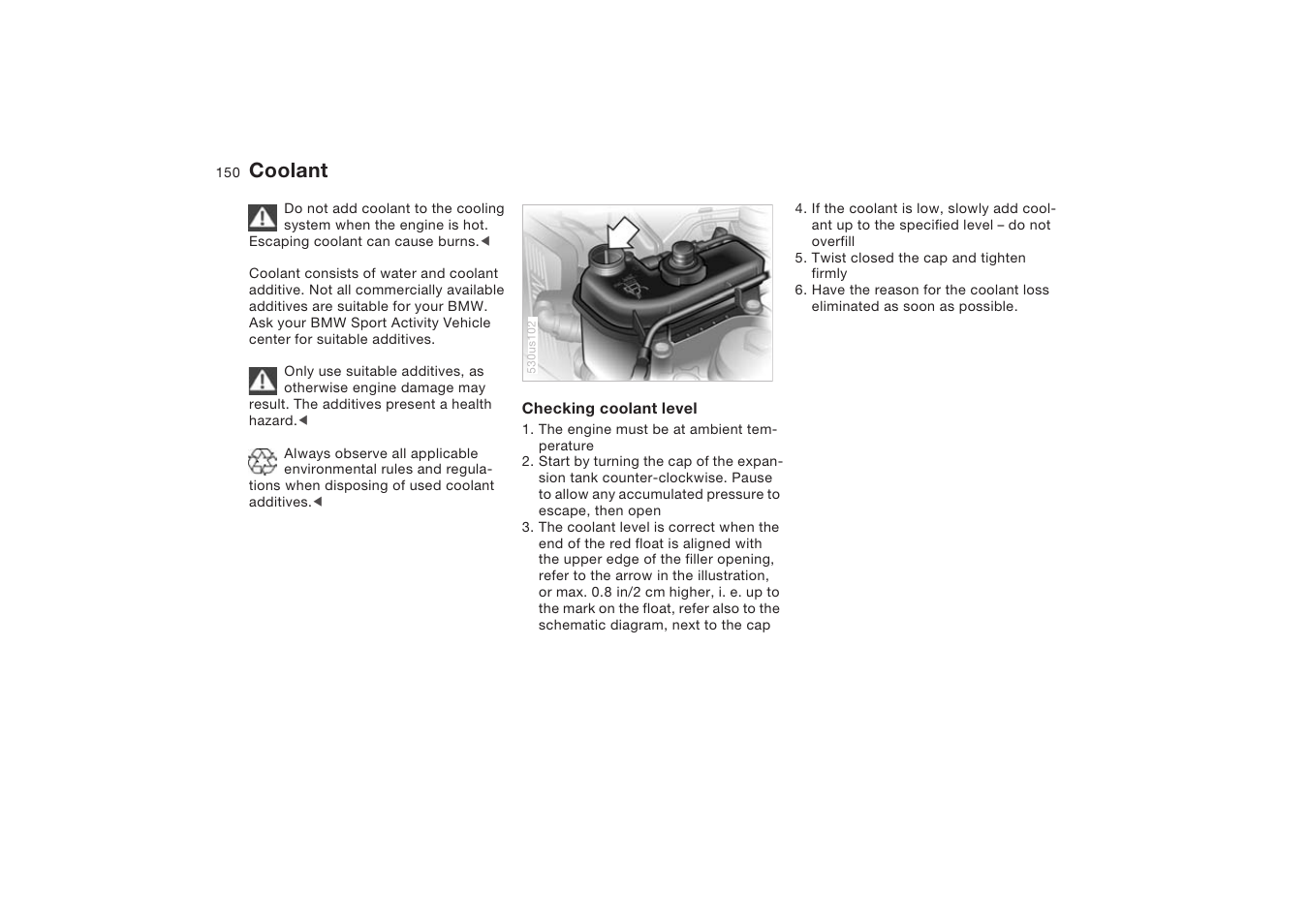 Coolant, Coolant expansion tank | BMW X5 4.8is SAV 2004 User Manual | Page 152 / 200