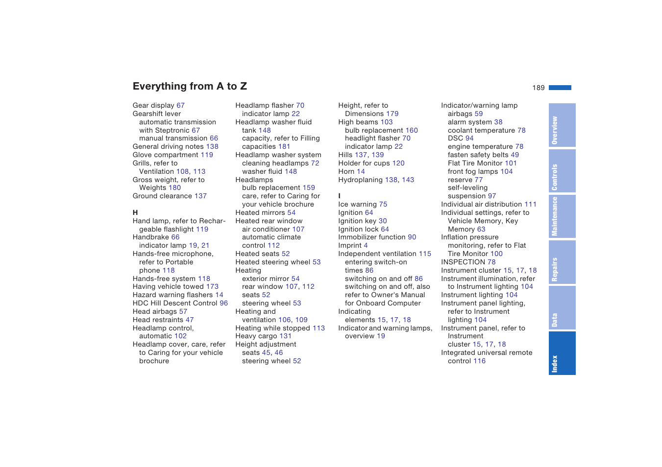 Everything from a to z | BMW X5 4.8is SAV 2004 User Manual | Page 191 / 200