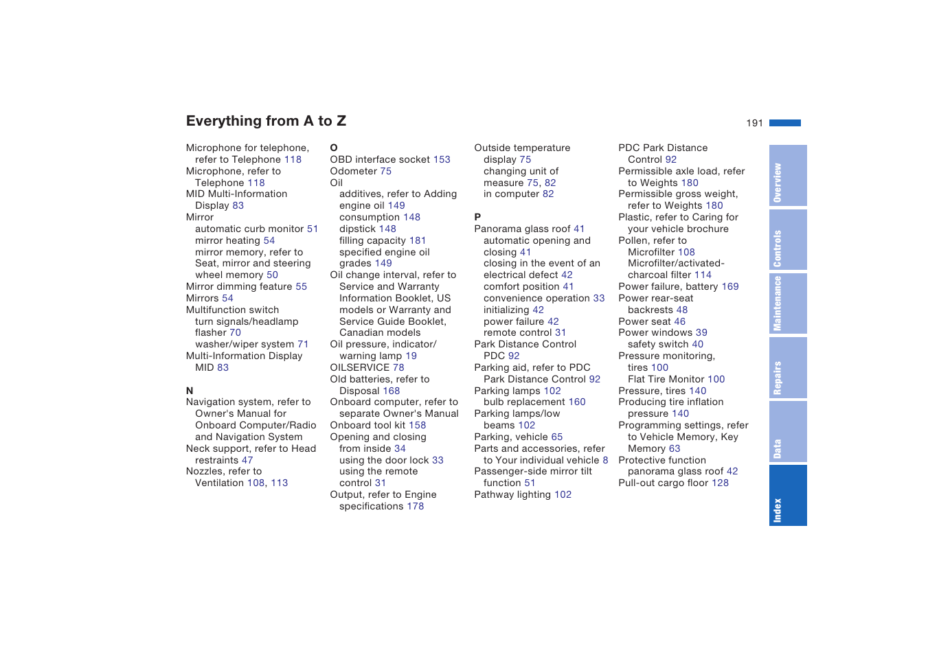 Everything from a to z | BMW X5 4.8is SAV 2004 User Manual | Page 193 / 200