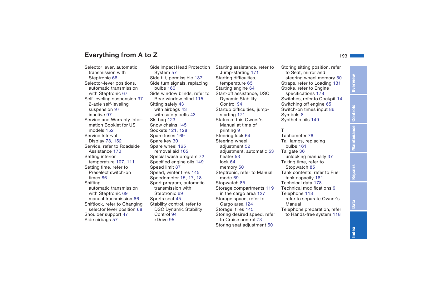 Everything from a to z | BMW X5 4.8is SAV 2004 User Manual | Page 195 / 200