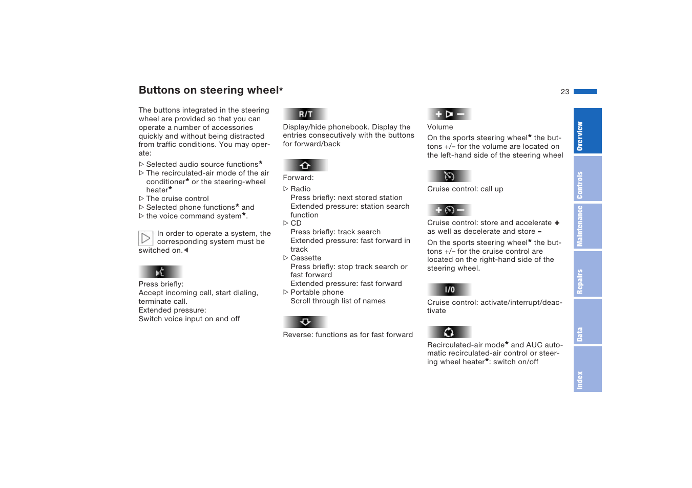 Buttons on steering wheel | BMW X5 4.8is SAV 2004 User Manual | Page 25 / 200