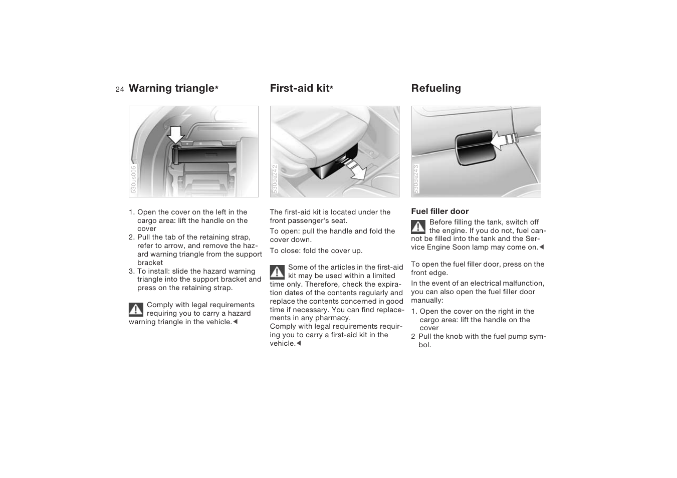 Warning triangle, First-aid kit, Refueling | BMW X5 4.8is SAV 2004 User Manual | Page 26 / 200