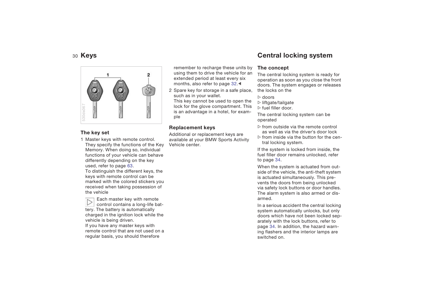 Keys, Central locking system, Keys central locking system | BMW X5 4.8is SAV 2004 User Manual | Page 32 / 200