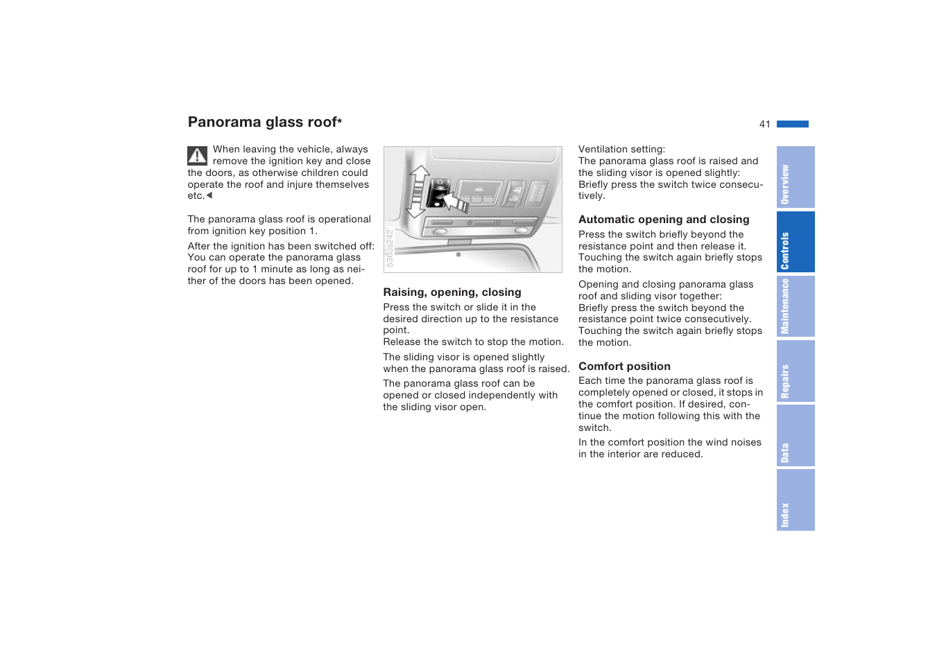 Panorama glass roof | BMW X5 4.8is SAV 2004 User Manual | Page 43 / 200