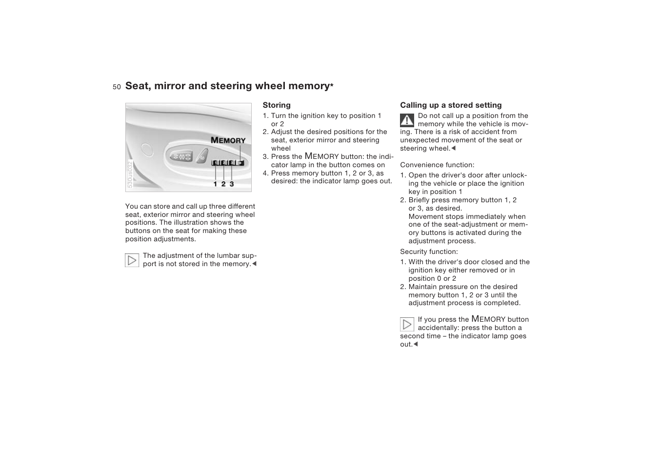 Seat, mirror and steering wheel memory, Memory | BMW X5 4.8is SAV 2004 User Manual | Page 52 / 200