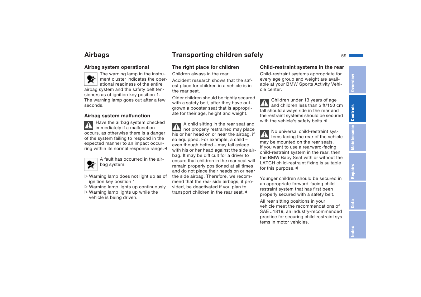 Transporting children safely, Airbags transporting children safely | BMW X5 4.8is SAV 2004 User Manual | Page 61 / 200